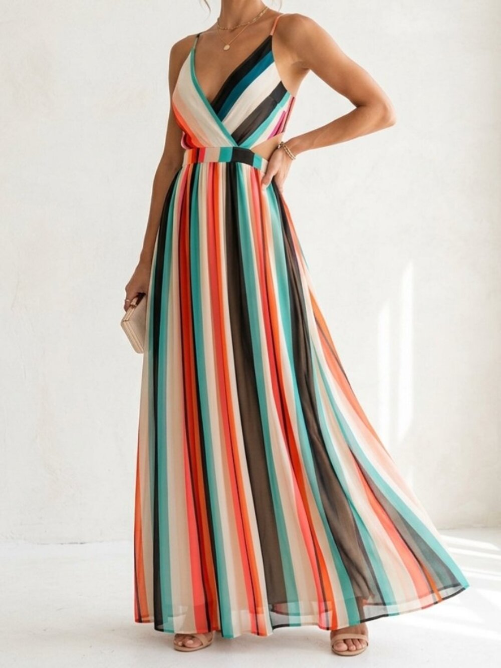 Express Multicolor Striped Chiffon Cutout Lace-Up Back Maxi Dress Small